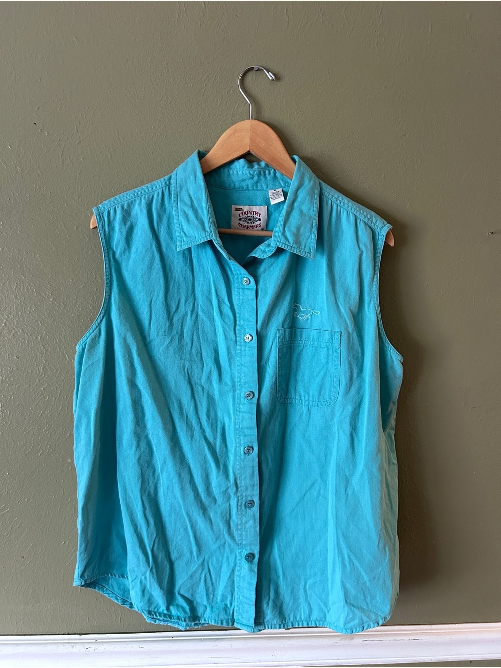 90s Vintage Country Charmers Butter Mom Cowgirl Turquoise Sleeveless Button-Up